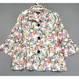 Damee Button Front Jacket Womens XL White Bright Abstract 3/4 Sleeves Tiered